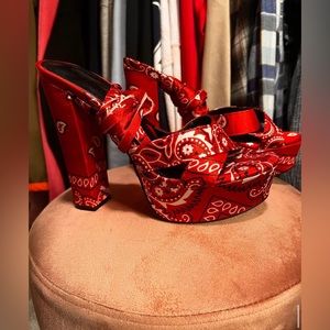 Red bandanna platform heels